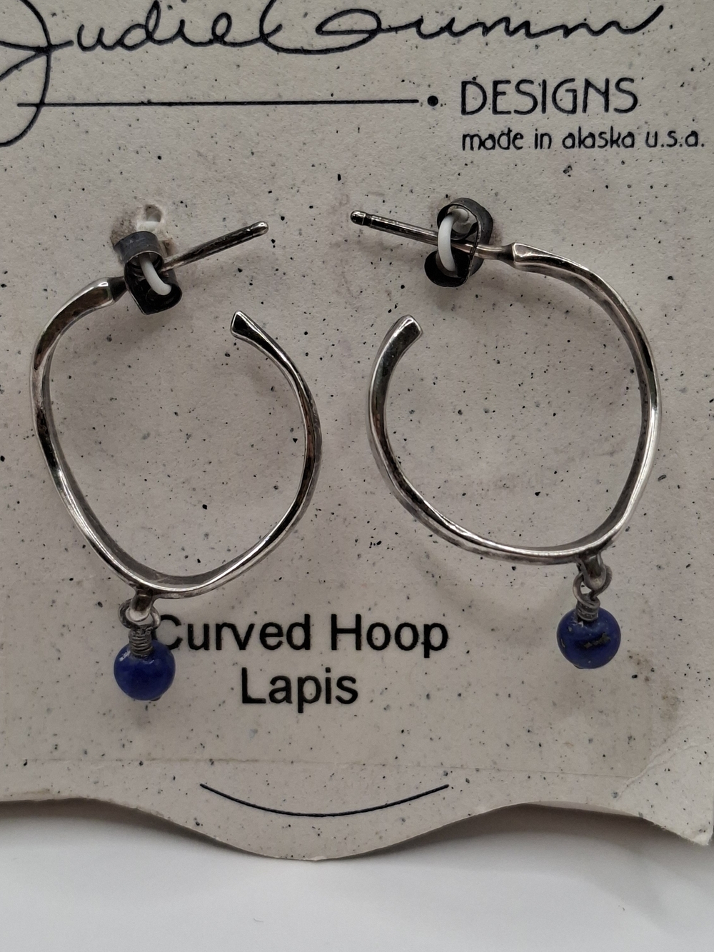 Judie  Gumm Curved Hoop Sterling Silver Earrings with Lapis Drop
